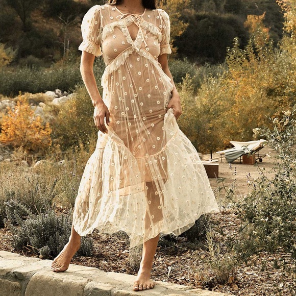 Doen Zelda Sheer Floral Maxi Dress in Faded Peach - Size XS - Picture 2 of 14